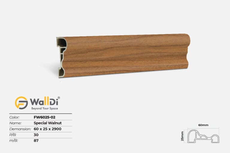 Phào chỉ lưng tường FW6025 màu Special Walnut rộng 60mm dày 25mm dài 2900mm