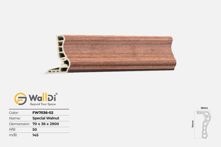Phào kết thúc FW7036 màu Special Walnut rộng 70mm dày 36mm dùng che mép sàn và đầu bậc cầu thang