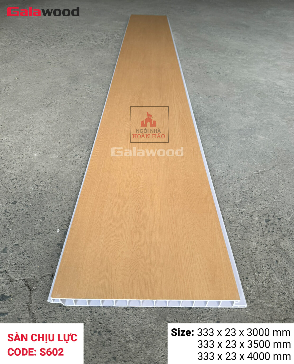 Mẫu sàn nhựa chịu lực Galawood S602 màu vàng sồi đậm, bề mặt vân gỗ tự nhiên dùng cho sàn gác lửng nhà tiền chế