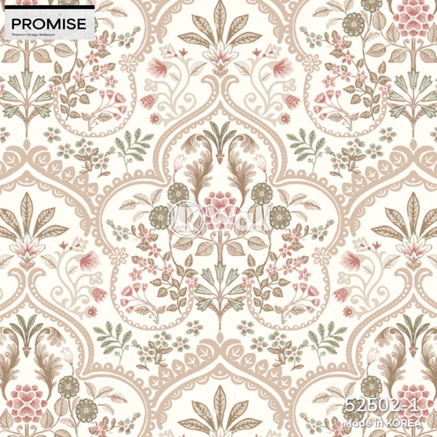 Giấy dán tường Promise Korea 52502 - Damask Hoa Cổ Điển Kem Hồng