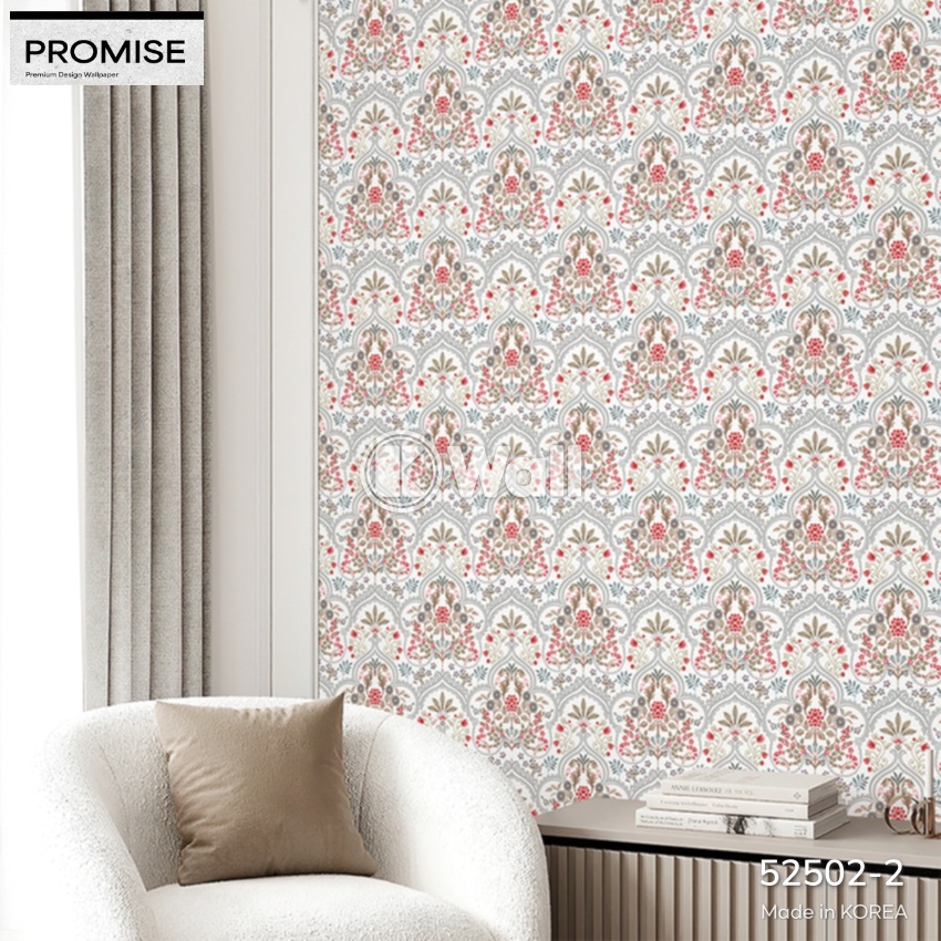 Giấy dán tường Promise Korea 52502 - Damask Hoa Cổ Điển Kem Hồng