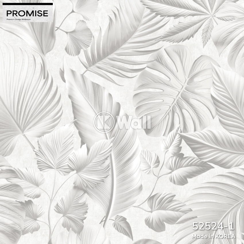 Giấy dán tường Promise Korea 52524 - Lá Nhiệt Đới 3D Trắng Xám Sang Trọng