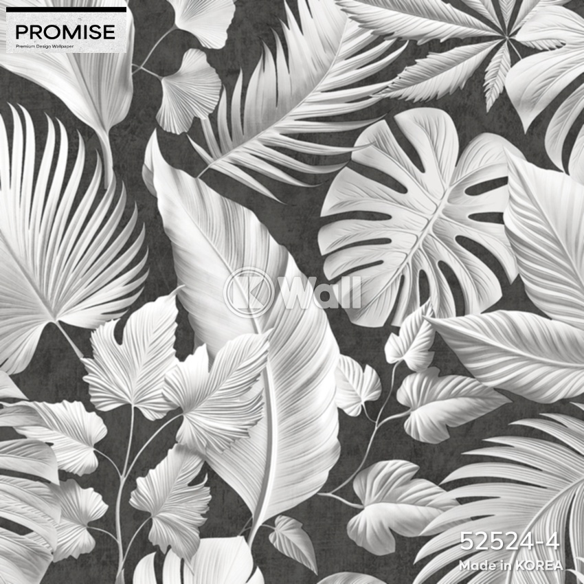 Giấy dán tường Promise Korea 52524 - Lá Nhiệt Đới 3D Trắng Xám Sang Trọng