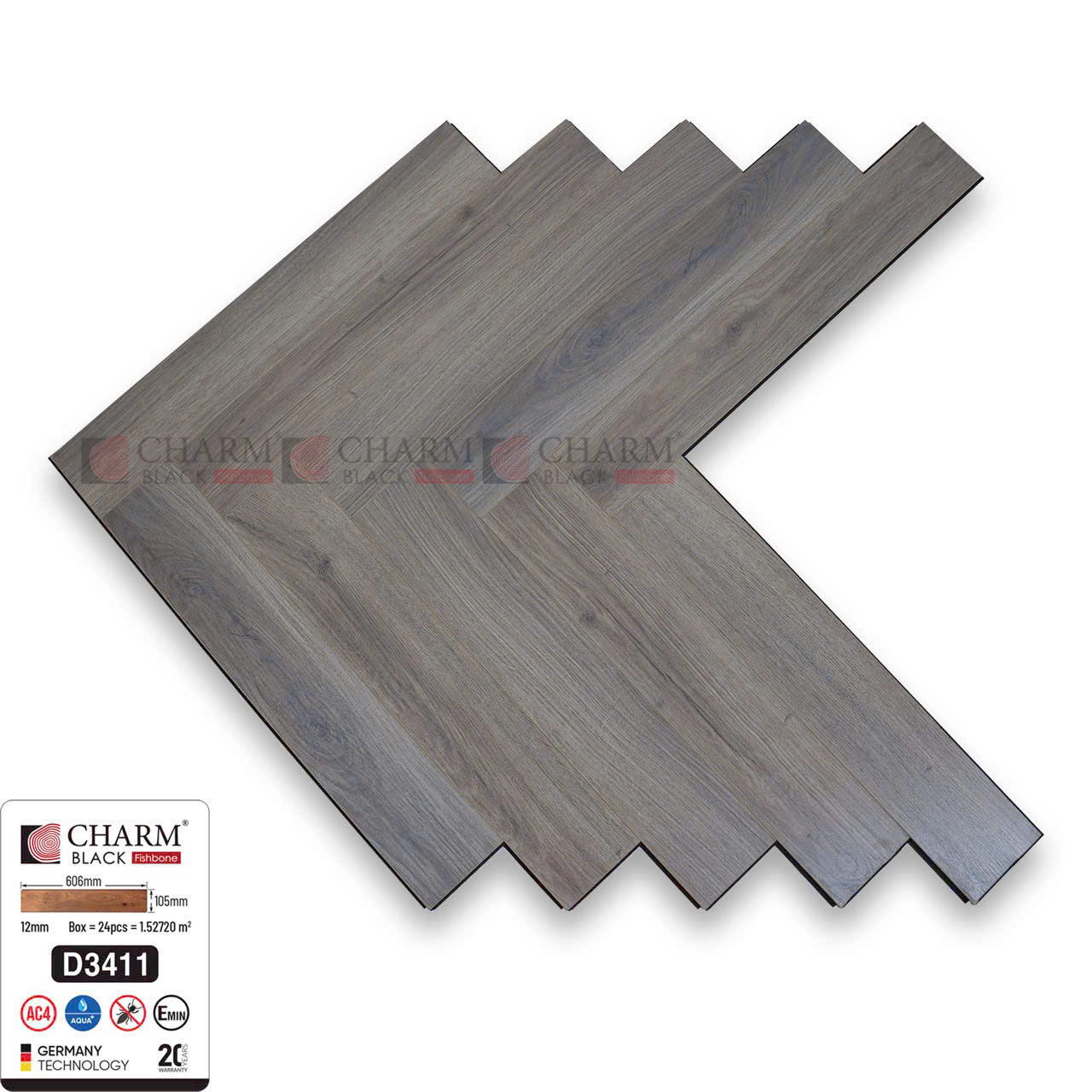 Sàn gỗ Charm Wood xương cá 12mm D3411 cốt đen AC5