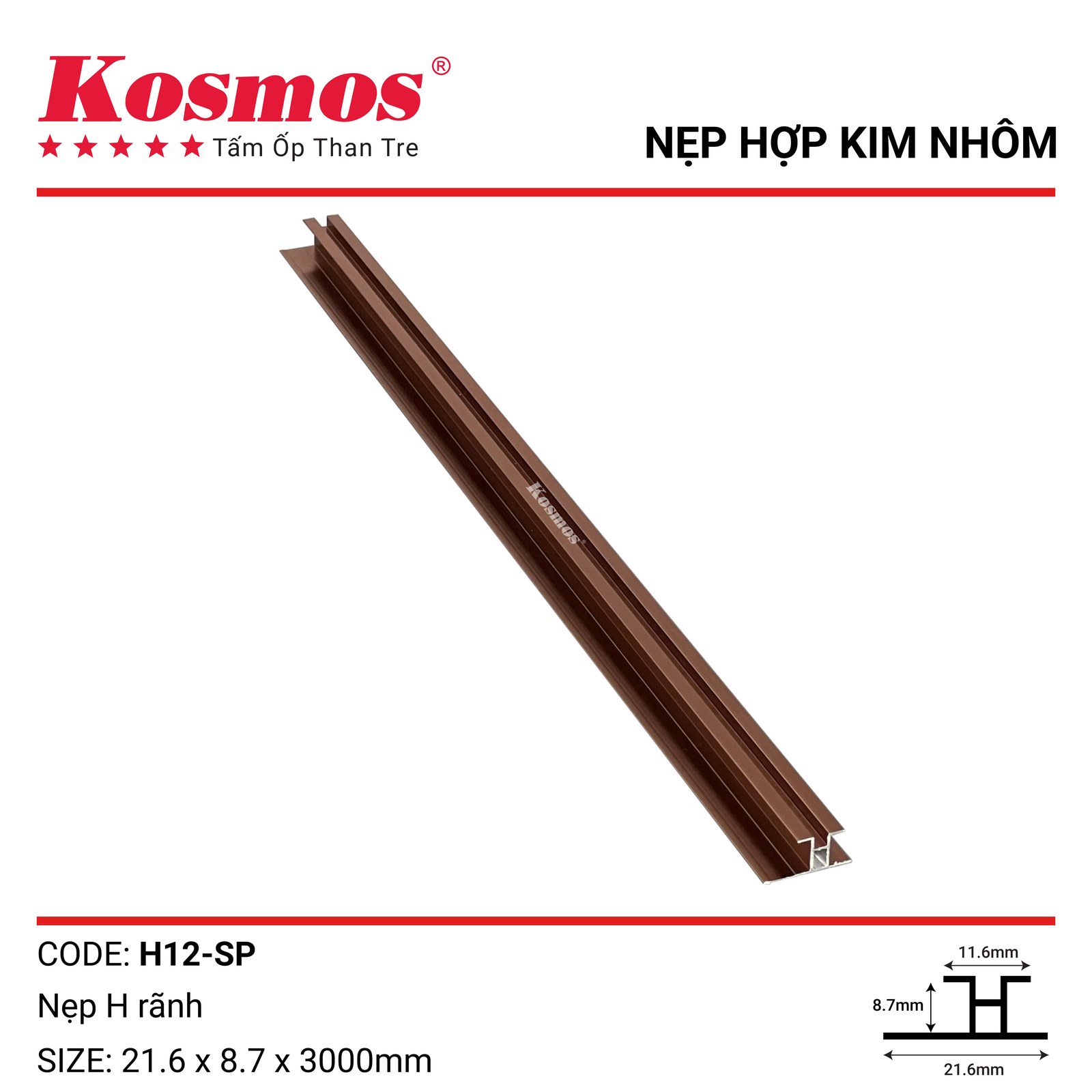 Nẹp nhôm H12 có rãnh dùng nối tấm ốp than tre màu sâm panh