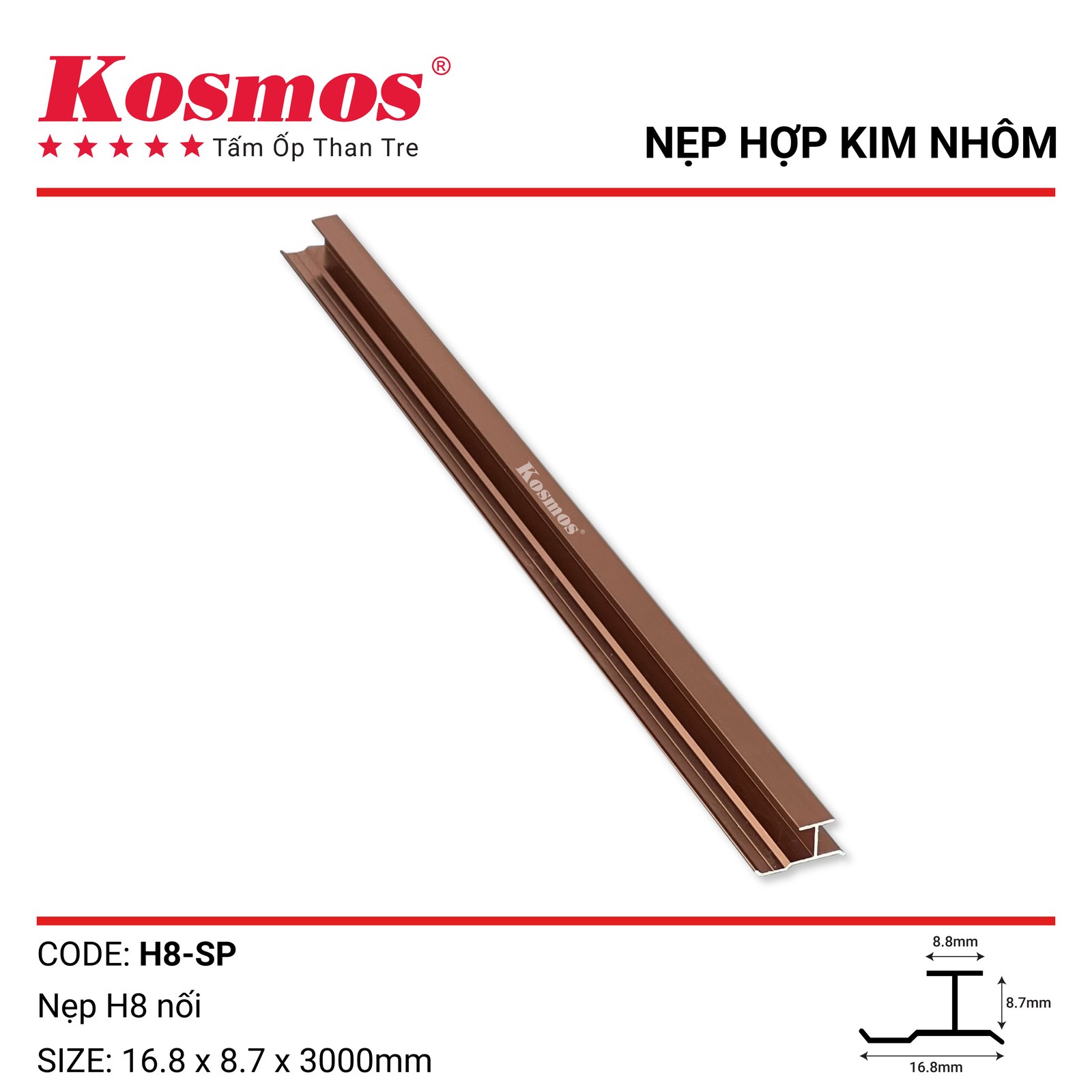 Nẹp nhôm H8 nối màu sâm panh dùng nối tấm ốp than tre 8mm