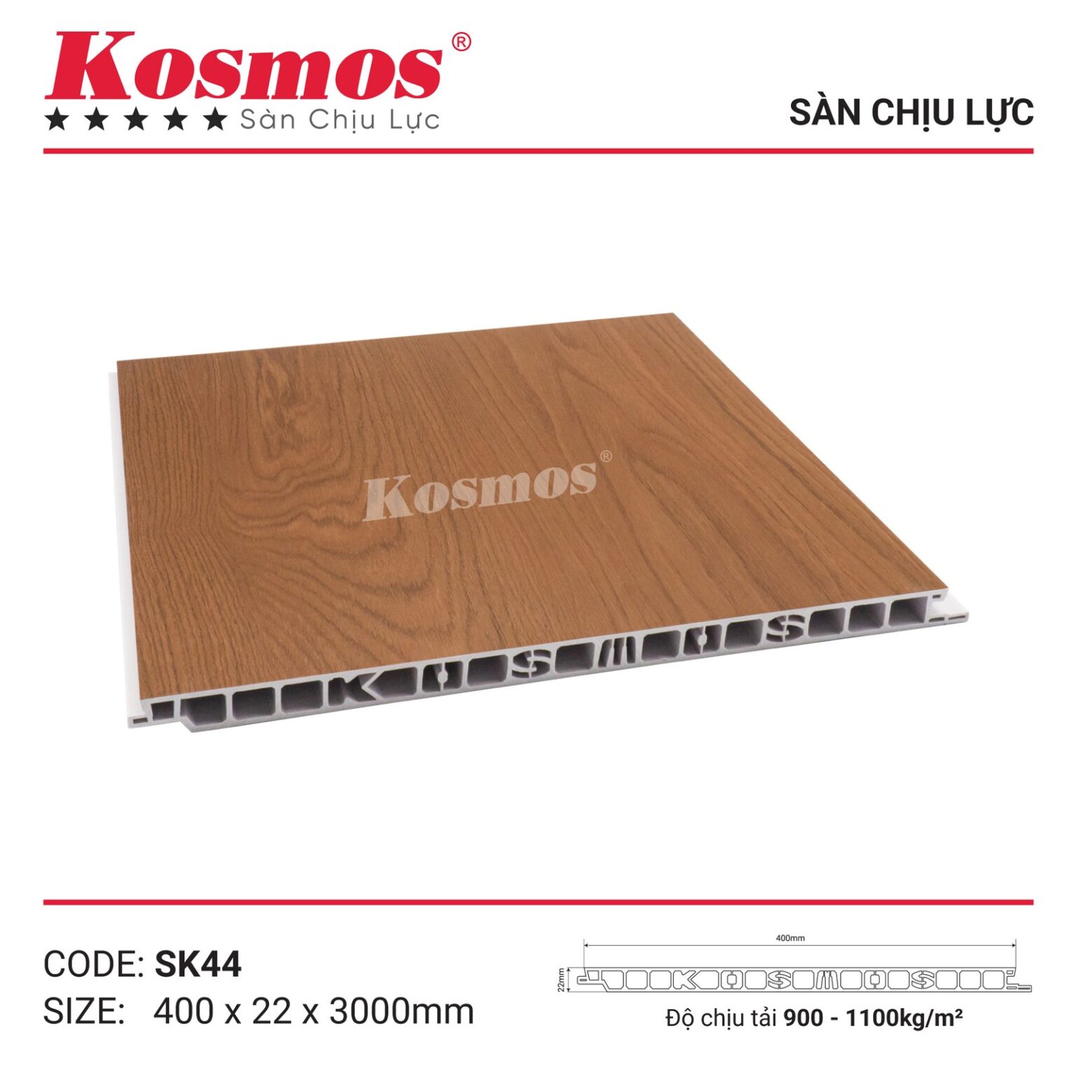 Mẫu sàn nhựa chịu lực Galawood SK44 màu vàng sồi nhạt thuộc dòng chân Kosmos chịu tải 900 đến 1.100 kg trên mét vuông