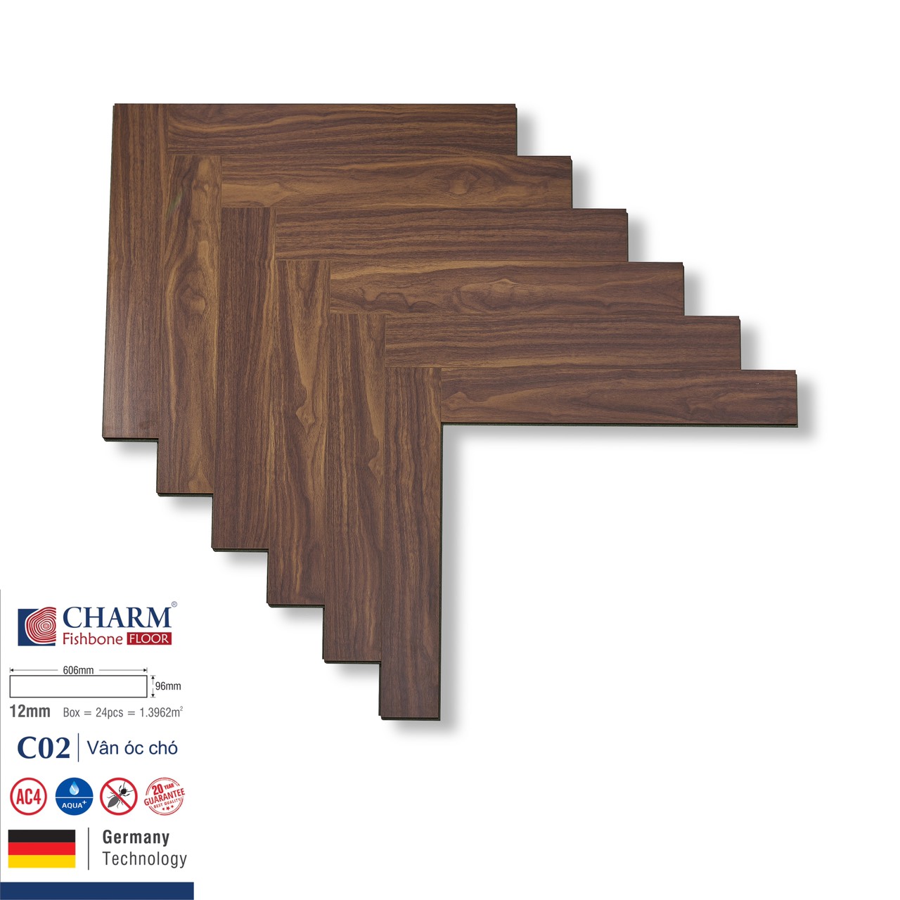 Sàn gỗ xương cá Charm Wood 12mm mẫu XC CHÉO vân óc chó