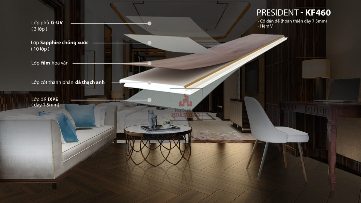 Sàn thạch anh Kobler President 7.5mm dòng thẳng vân gỗ óc chó sang trọng, 9 lớp UV