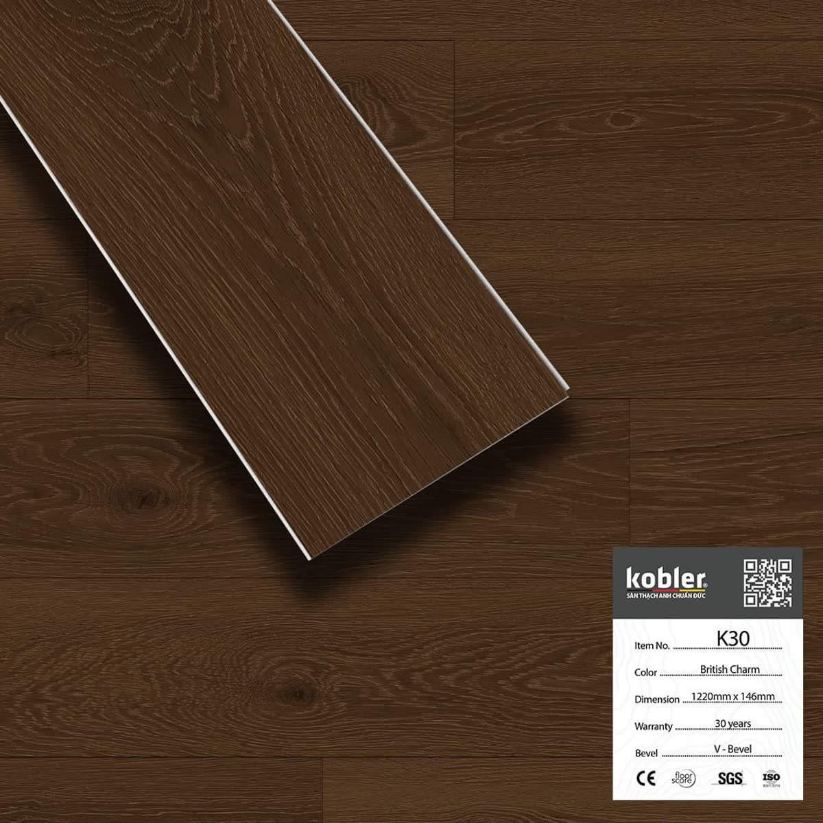 Mẫu sàn Kobler 7.5mm K30 - vân gỗ tự nhiên, bề mặt sáng mịn, lắp đặt phòng khách căn hộ